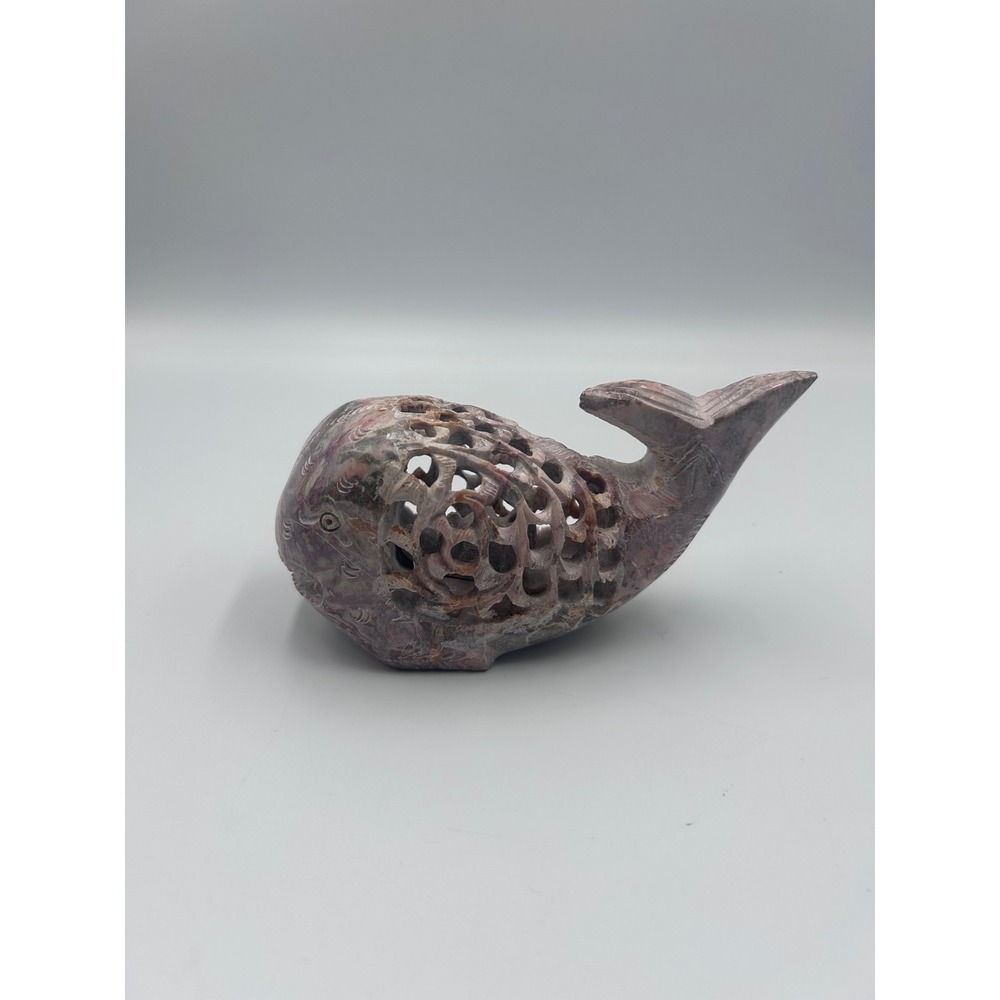 Vintage Hand Carved Soapstone Whale Figurine Lattice Openwork Purple Stone 5in